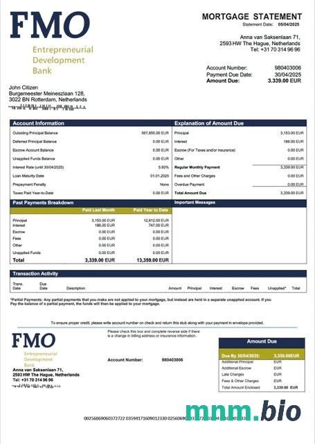 Holandia FMO Bank wyciąg z kredytu hipotecznego szablon Word i PDF